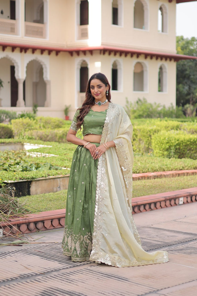 Green Gold Crush Sequins & Zari Embroidered Lehenga Set with 3-Meter Flair, Heavy Dupatta & Unstitched Designer Blouse – Fully Stitched Festive & Wedding Wear Ensemble ClothsVilla