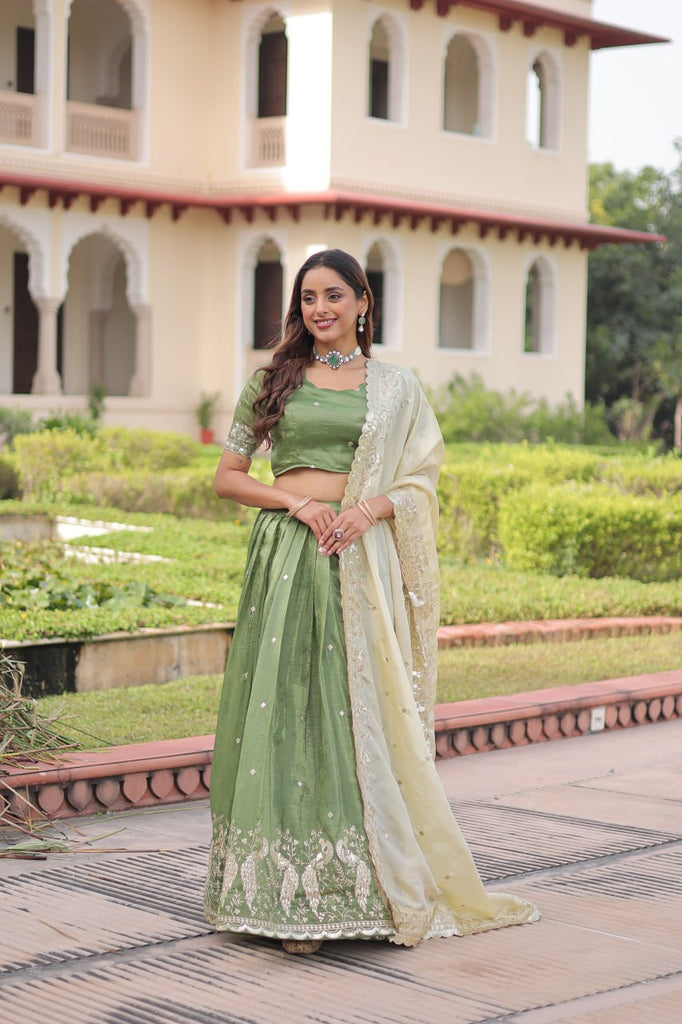 Green Gold Crush Sequins & Zari Embroidered Lehenga Set with 3-Meter Flair, Heavy Dupatta & Unstitched Designer Blouse – Fully Stitched Festive & Wedding Wear Ensemble ClothsVilla