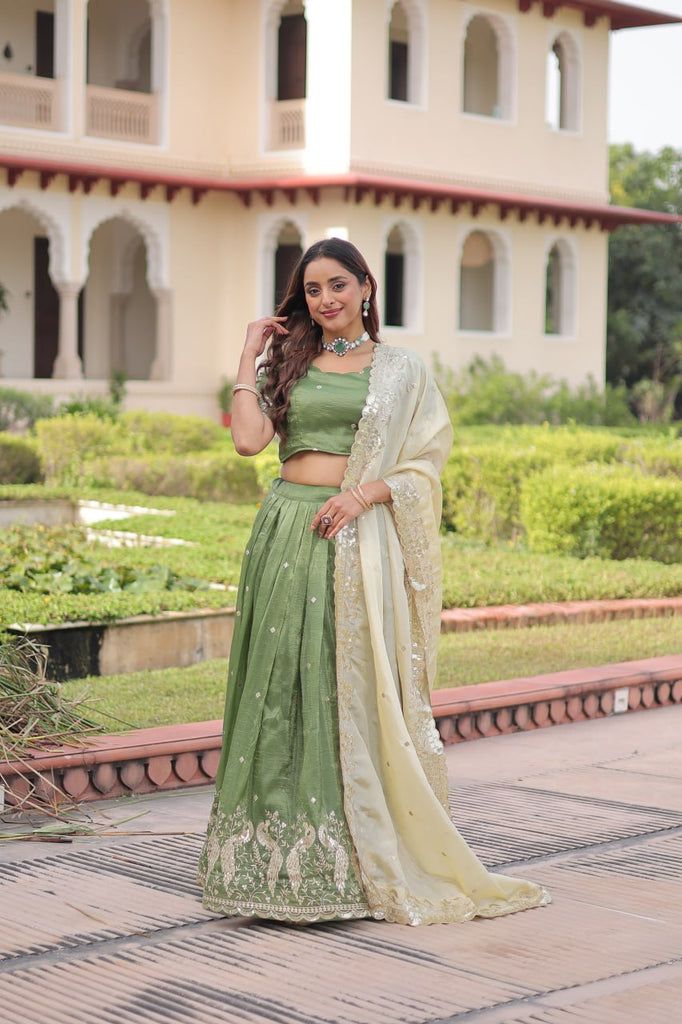 Green Gold Crush Sequins & Zari Embroidered Lehenga Set with 3-Meter Flair, Heavy Dupatta & Unstitched Designer Blouse – Fully Stitched Festive & Wedding Wear Ensemble ClothsVilla