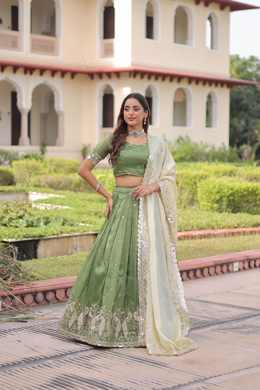 Green Gold Crush Sequins & Zari Embroidered Lehenga Set with 3-Meter Flair, Heavy Dupatta & Unstitched Designer Blouse – Fully Stitched Festive & Wedding Wear Ensemble ClothsVilla