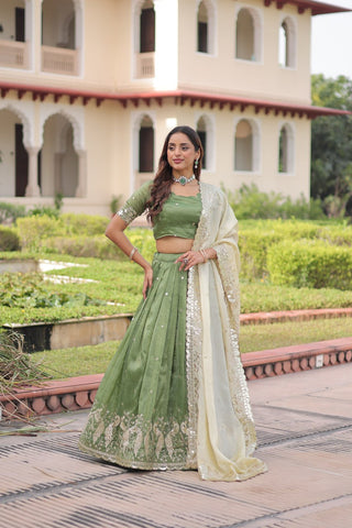 Green Gold Crush Sequins & Zari Embroidered Lehenga Set with 3-Meter Flair, Heavy Dupatta & Unstitched Designer Blouse – Fully Stitched Festive & Wedding Wear Ensemble ClothsVilla