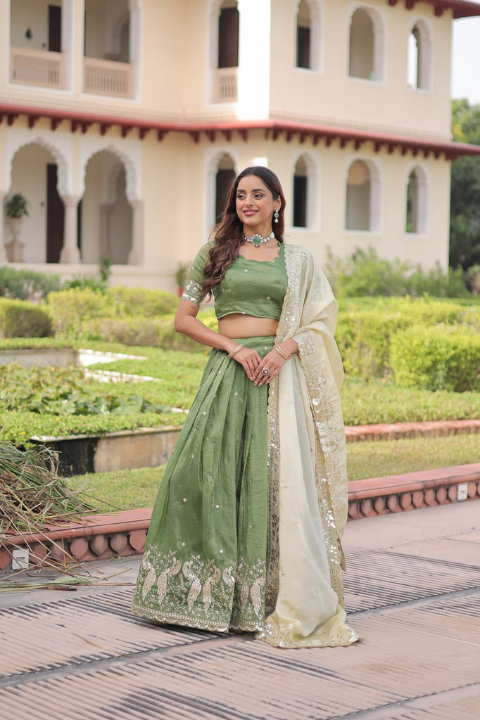 Green Gold Crush Sequins & Zari Embroidered Lehenga Set with 3-Meter Flair, Heavy Dupatta & Unstitched Designer Blouse – Fully Stitched Festive & Wedding Wear Ensemble ClothsVilla