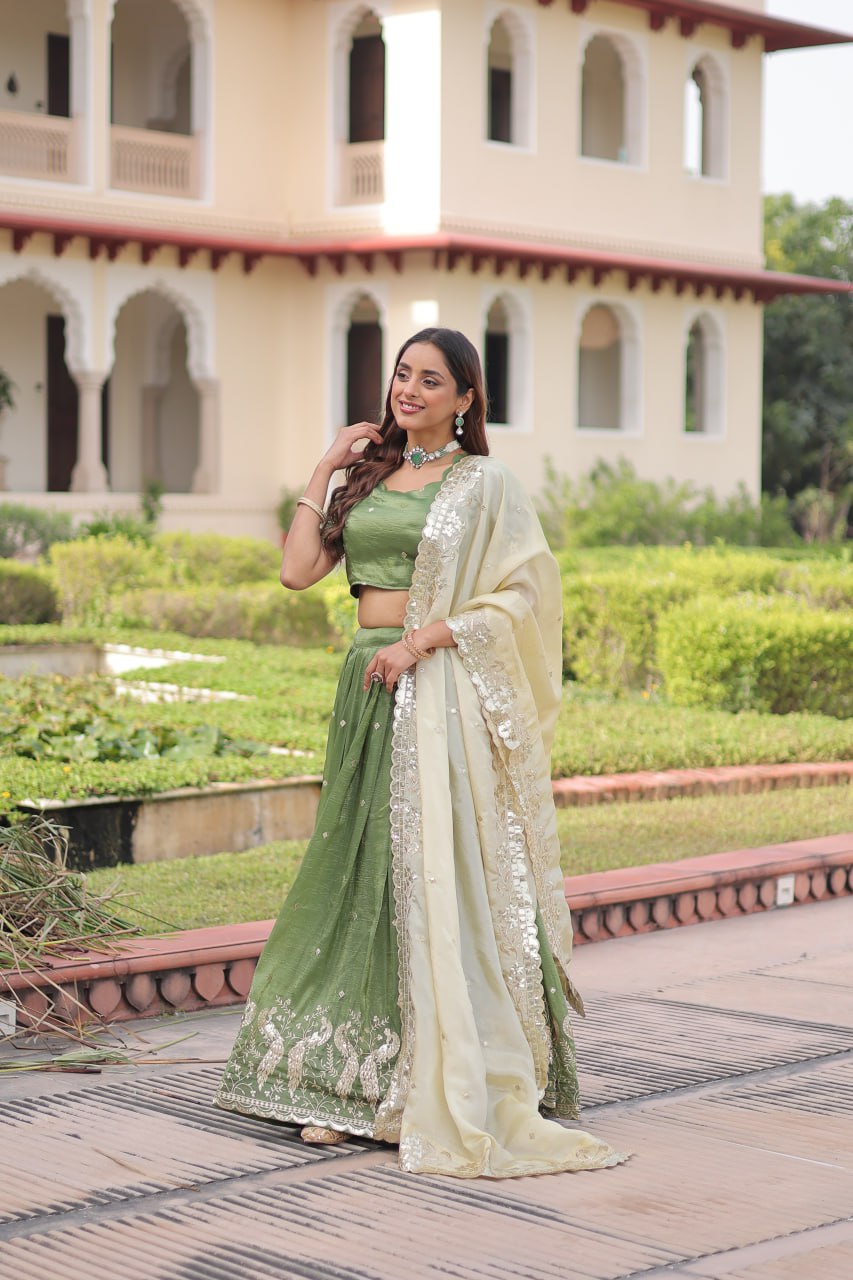 Green Gold Crush Sequins & Zari Embroidered Lehenga Set with 3-Meter Flair, Heavy Dupatta & Unstitched Designer Blouse – Fully Stitched Festive & Wedding Wear Ensemble ClothsVilla