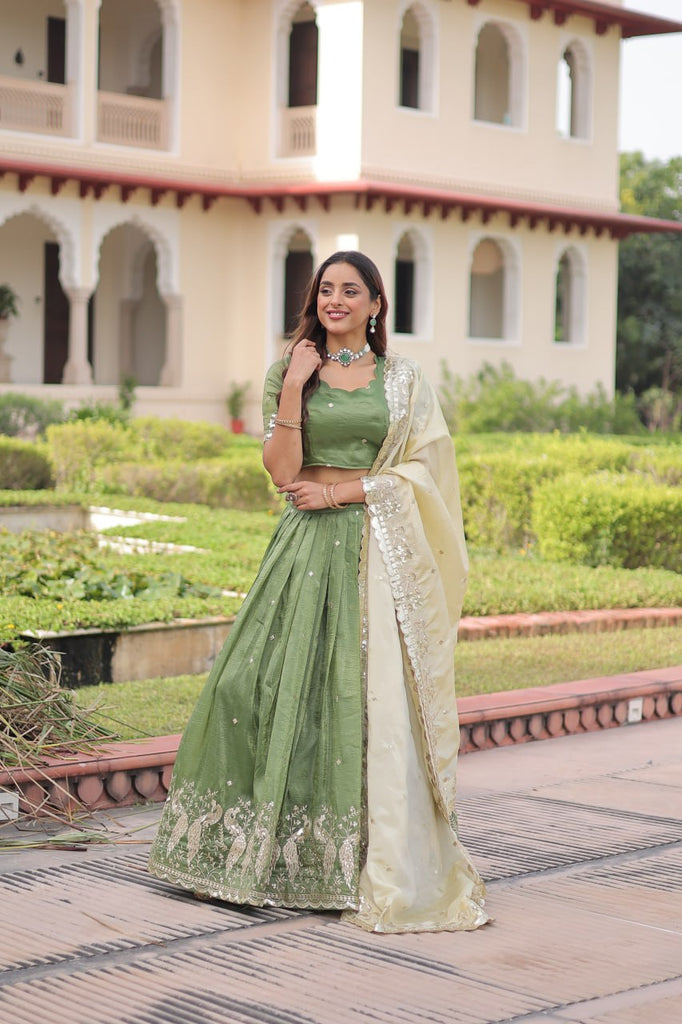 Green Gold Crush Sequins & Zari Embroidered Lehenga Set with 3-Meter Flair, Heavy Dupatta & Unstitched Designer Blouse – Fully Stitched Festive & Wedding Wear Ensemble ClothsVilla
