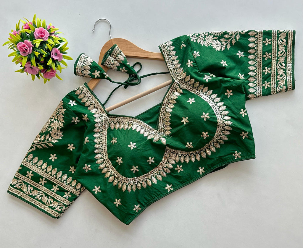 Green Golden Embroidered Blubbery Silk Blouse with Sequins ClothsVilla