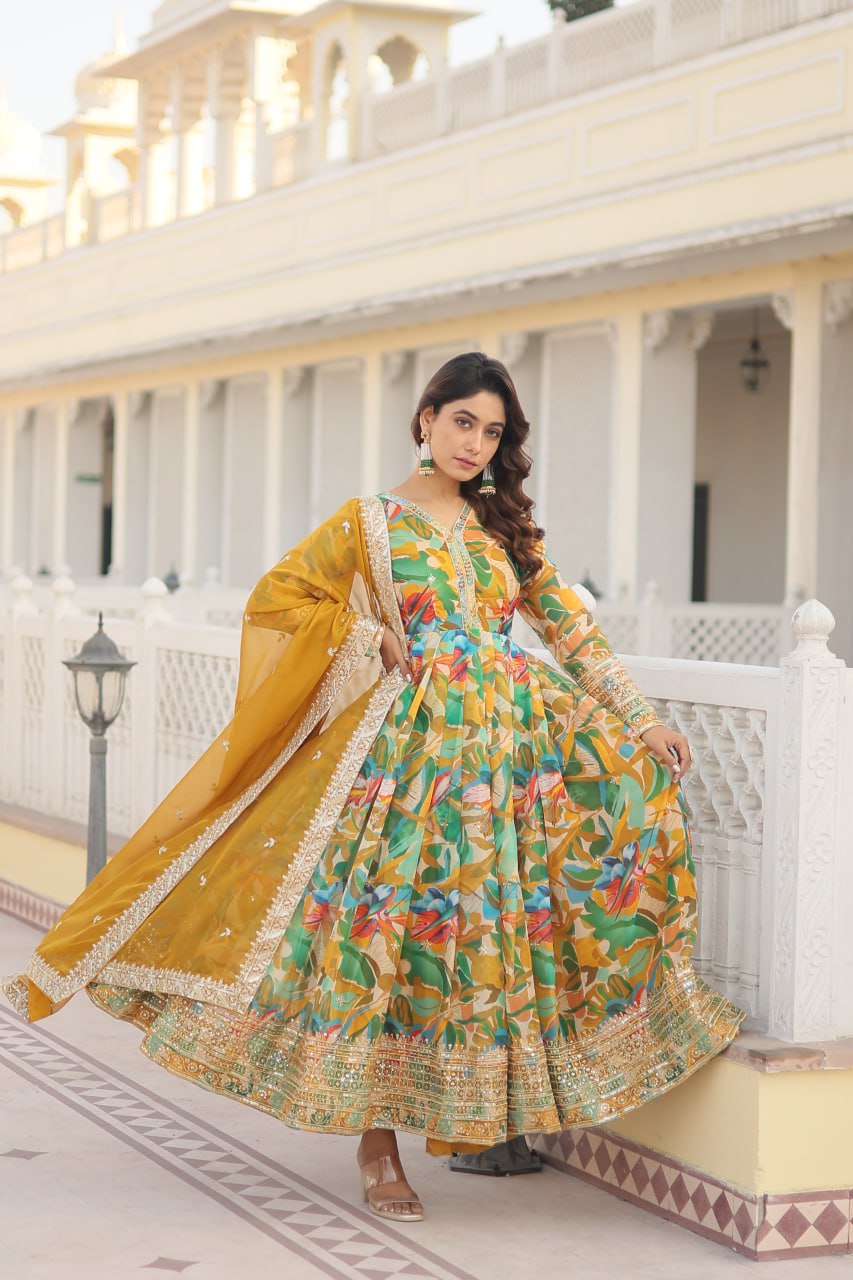 Luxurious Green Readymade Gown with Embroidered Dupatta Set ClothsVilla