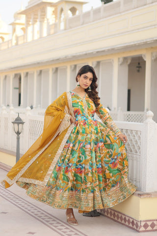 Luxurious Green Readymade Gown with Embroidered Dupatta Set ClothsVilla