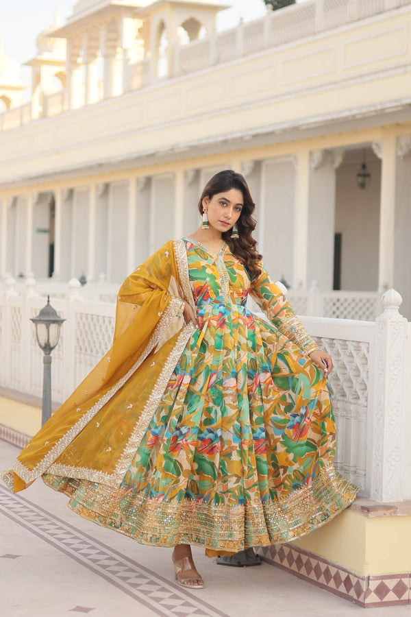 Luxurious Green Readymade Gown with Embroidered Dupatta Set ClothsVilla