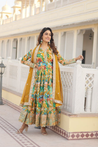 Luxurious Green Readymade Gown with Embroidered Dupatta Set ClothsVilla