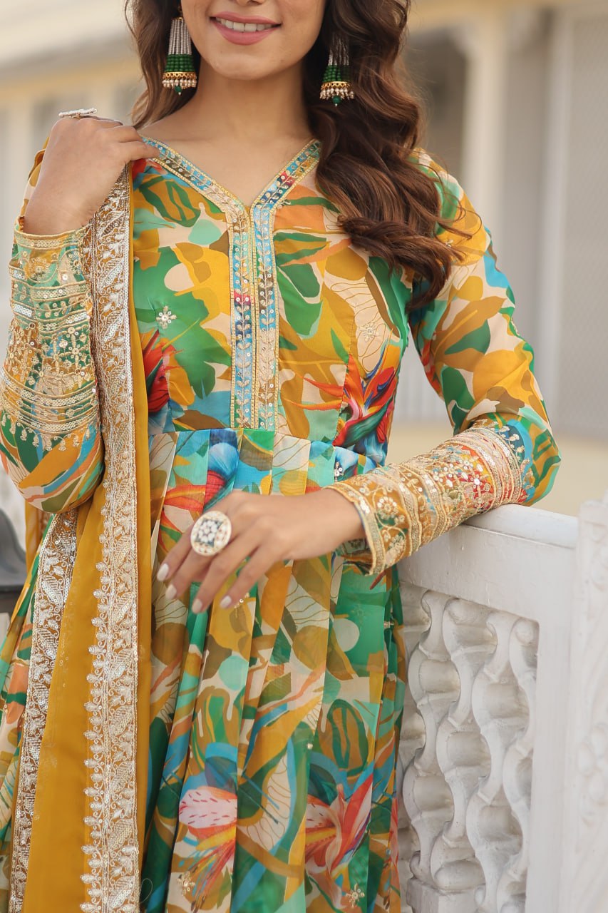 Luxurious Green Readymade Gown with Embroidered Dupatta Set ClothsVilla