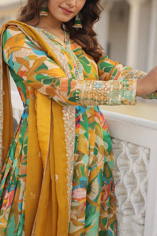 Luxurious Green Readymade Gown with Embroidered Dupatta Set ClothsVilla