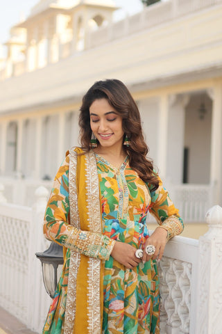 Luxurious Green Readymade Gown with Embroidered Dupatta Set ClothsVilla