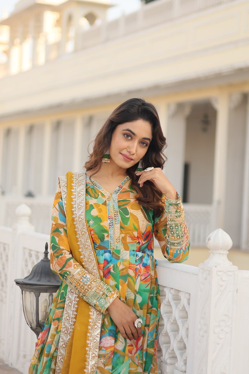 Luxurious Green Readymade Gown with Embroidered Dupatta Set ClothsVilla