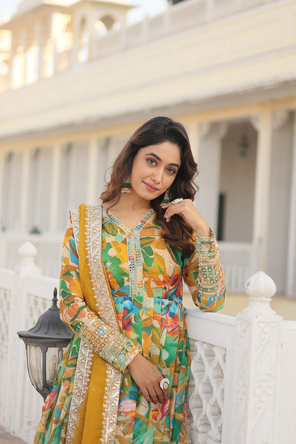Luxurious Green Readymade Gown with Embroidered Dupatta Set ClothsVilla