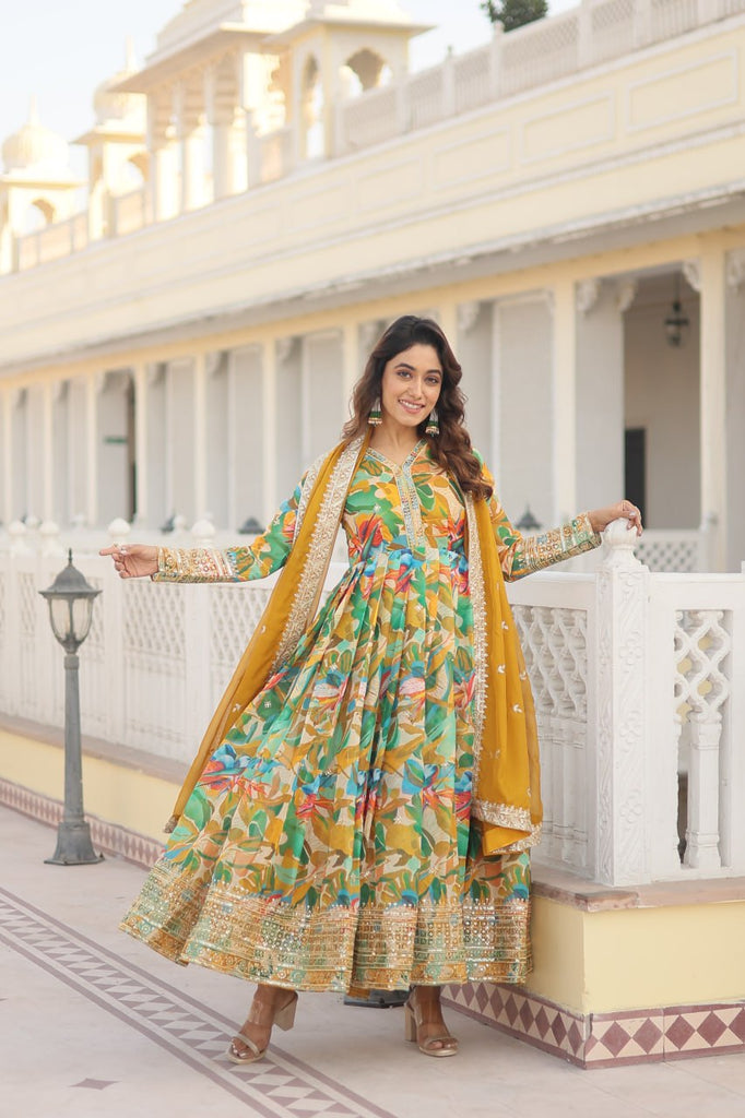 Luxurious Green Readymade Gown with Embroidered Dupatta Set ClothsVilla
