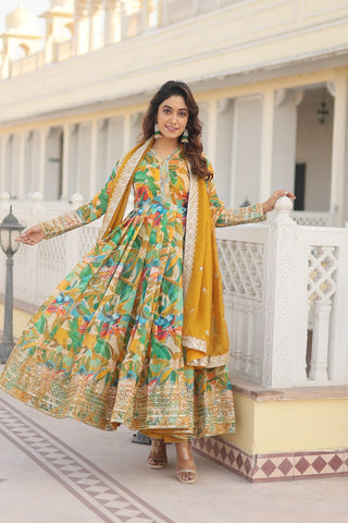Luxurious Green Readymade Gown with Embroidered Dupatta Set ClothsVilla
