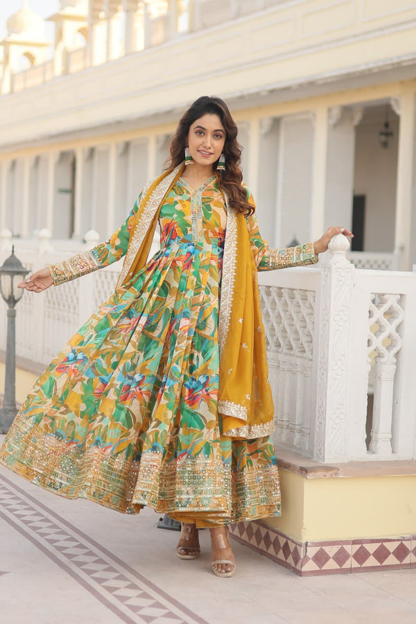 Luxurious Green Readymade Gown with Embroidered Dupatta Set ClothsVilla