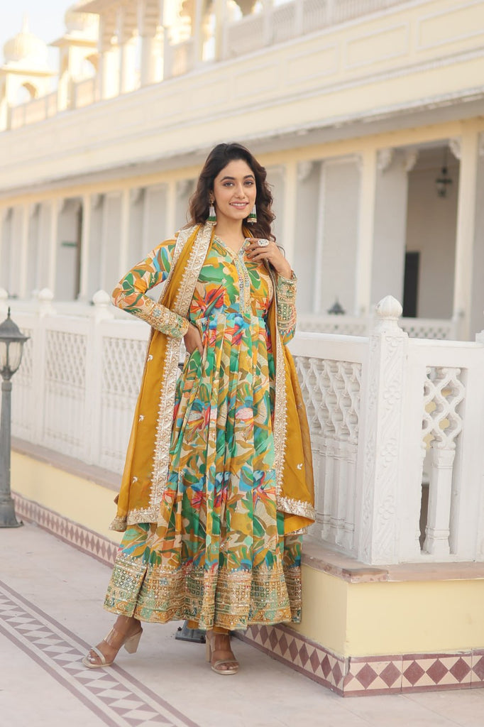 Luxurious Green Readymade Gown with Embroidered Dupatta Set ClothsVilla