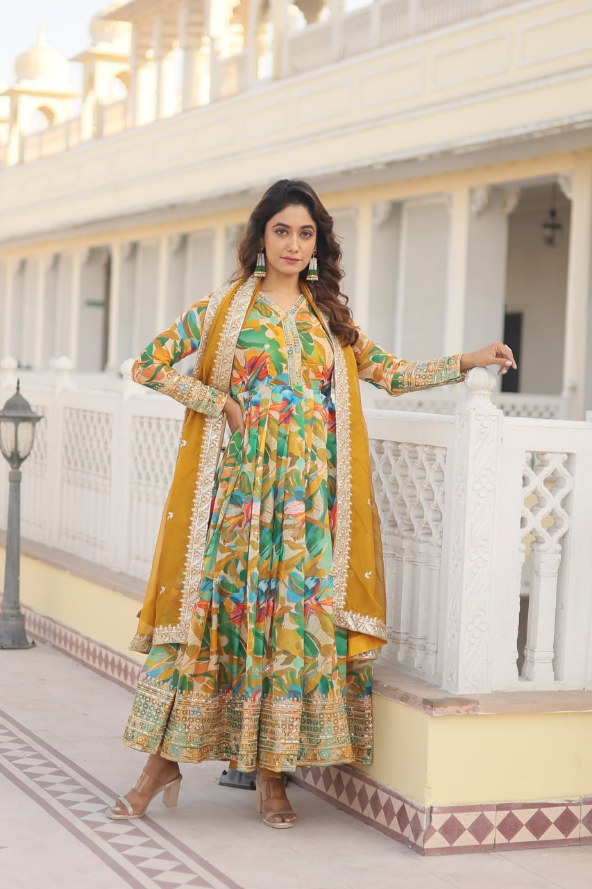Luxurious Green Readymade Gown with Embroidered Dupatta Set ClothsVilla
