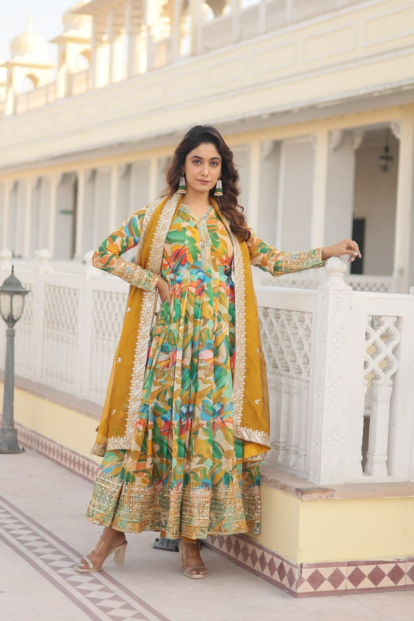 Luxurious Green Readymade Gown with Embroidered Dupatta Set ClothsVilla