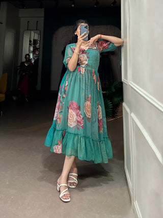 Green Graceful Floral Georgette Frock – Ethnic Summer Collection