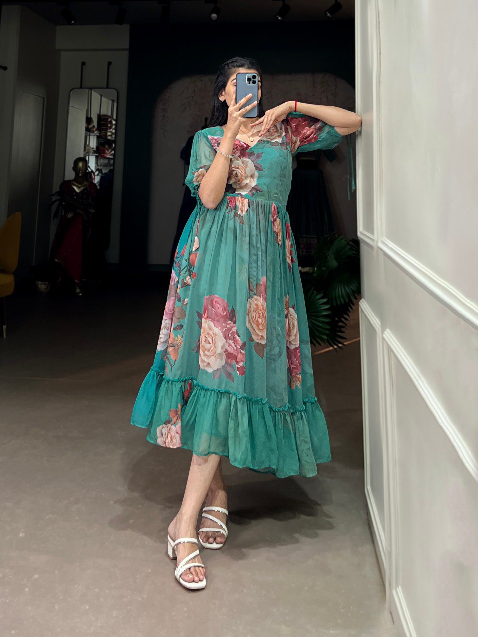 Green Graceful Floral Georgette Frock – Ethnic Summer Collection Main image