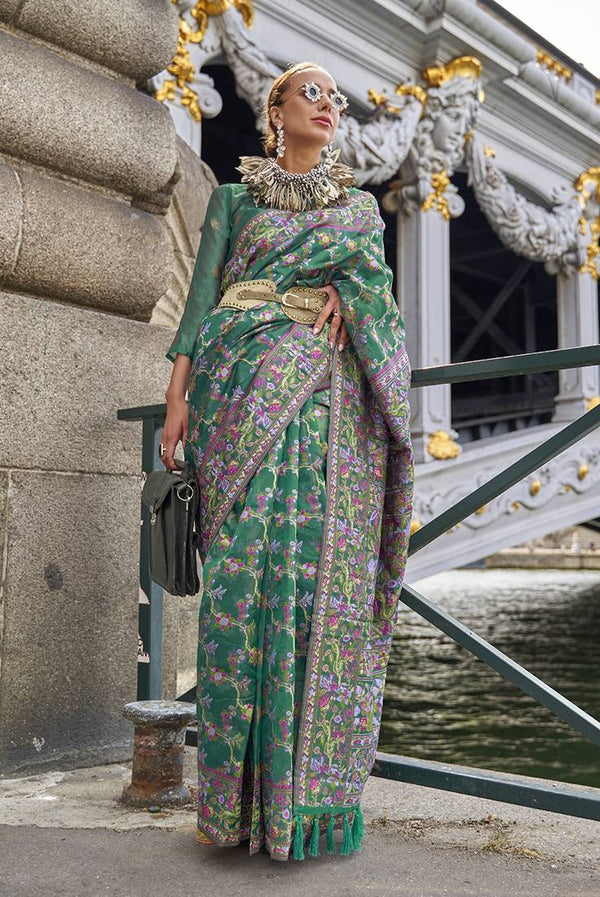 Green Graceful Organza Silk Parsi Handloom Weaving Saree with Blouse Piece ClothsVilla