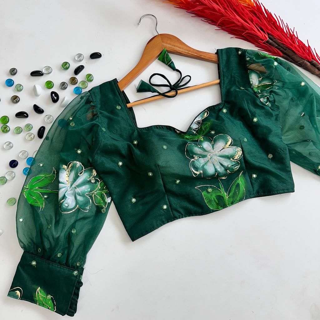 Green Hand-Painted Organza Silk Blouse with Embroidery Accents ClothsVilla