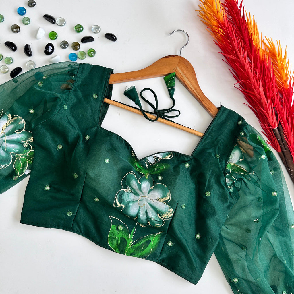 Green Hand-Painted Organza Silk Blouse with Embroidery Accents ClothsVilla