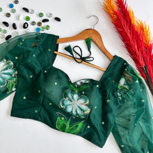 Load image into Gallery viewer, Green Hand-Painted Organza Silk Blouse with Embroidery Accents ClothsVilla