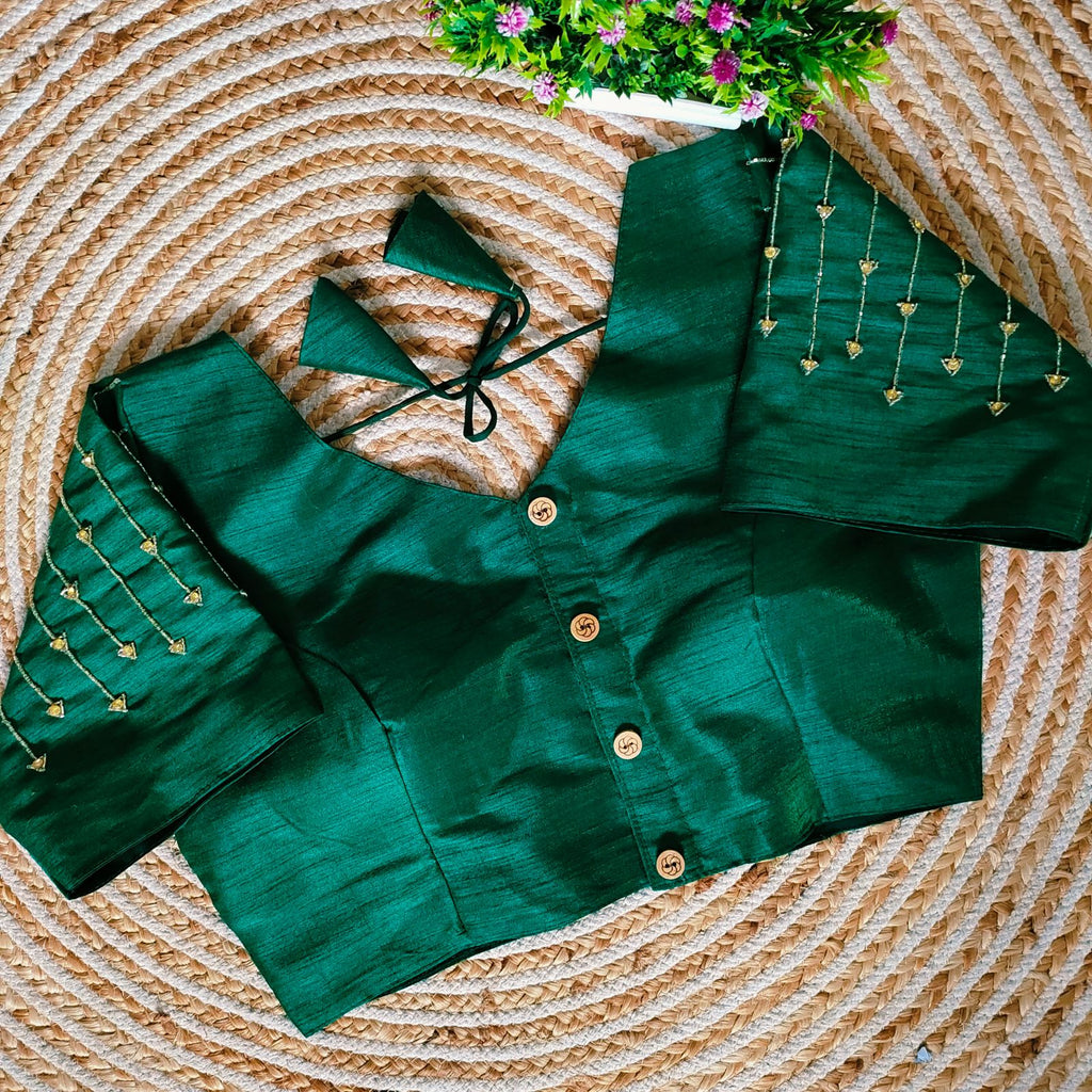 Green Handcrafted Golden Resham Silk Blouse with Stunning Sleeve and Back Detailing ClothsVilla