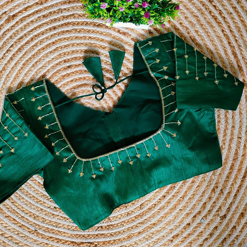 Green Handcrafted Golden Resham Silk Blouse with Stunning Sleeve and Back Detailing ClothsVilla