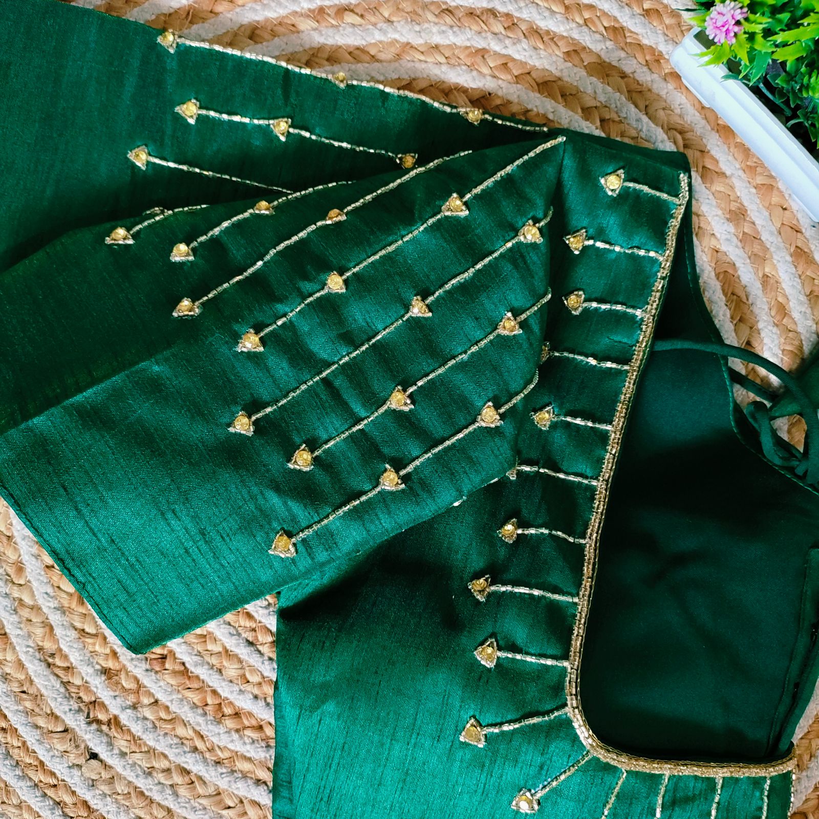Green Handcrafted Golden Resham Silk Blouse with Stunning Sleeve and Back Detailing ClothsVilla