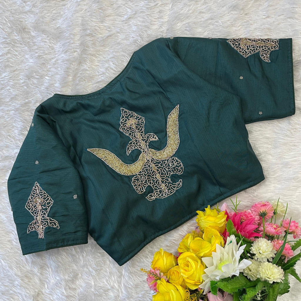 Green Handcrafted Muskan Silk Blouse with Designer Collar and Handwork ClothsVilla