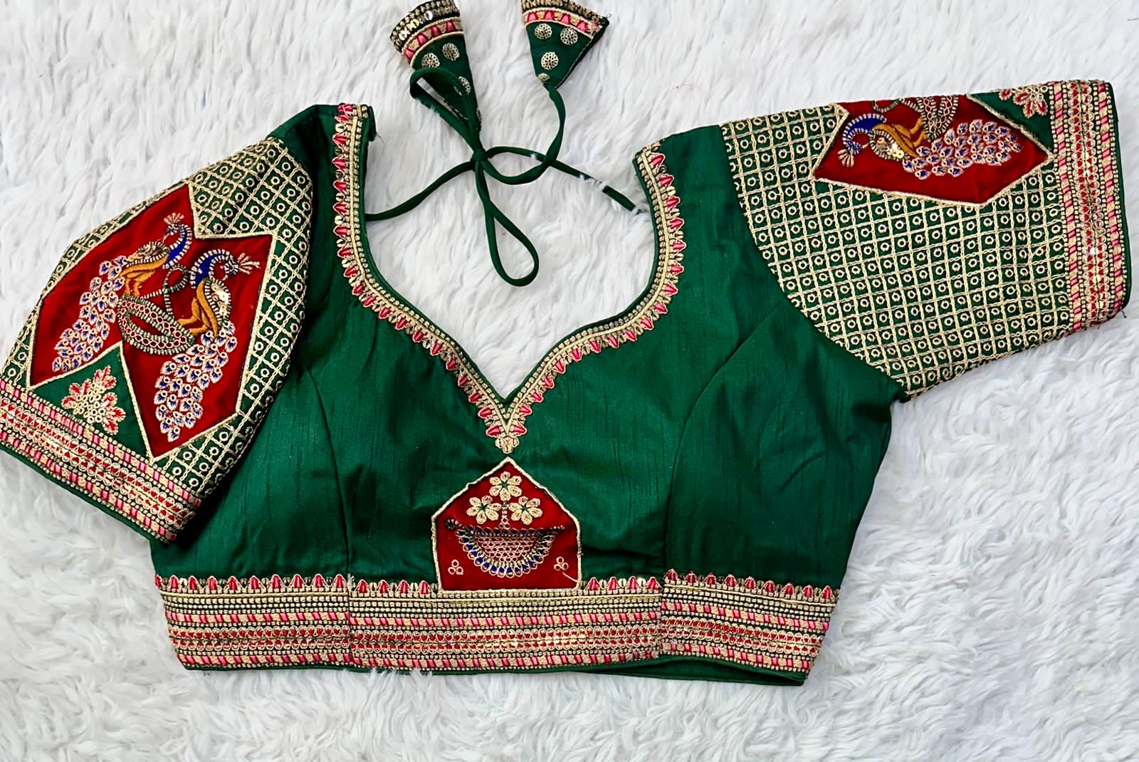 Green Handcrafted Sequined Blouse in Dilkush Silk ClothsVilla