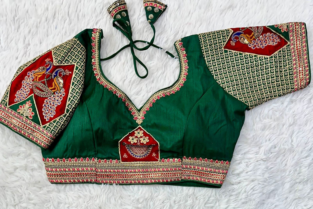 Green Handcrafted Sequined Blouse in Dilkush Silk ClothsVilla