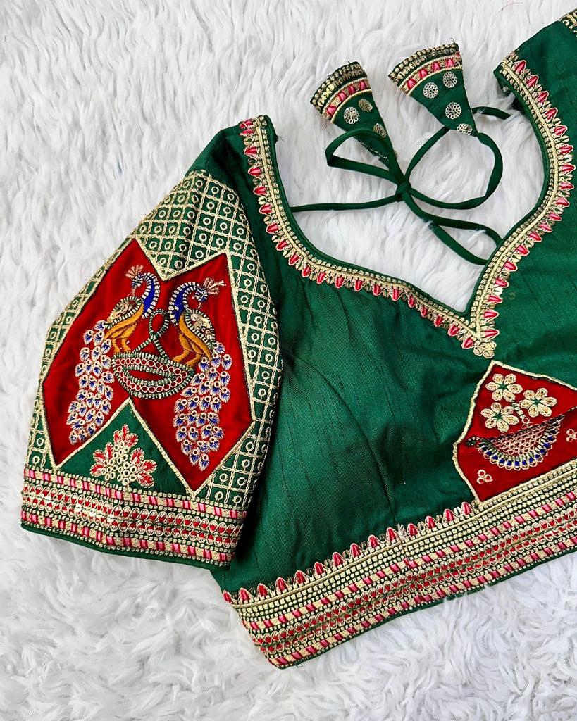 Green Handcrafted Sequined Blouse in Dilkush Silk ClothsVilla