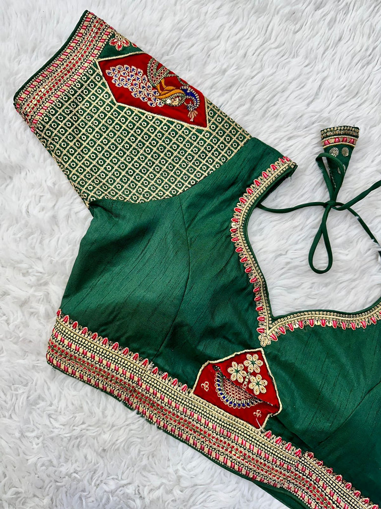 Green Handcrafted Sequined Blouse in Dilkush Silk ClothsVilla