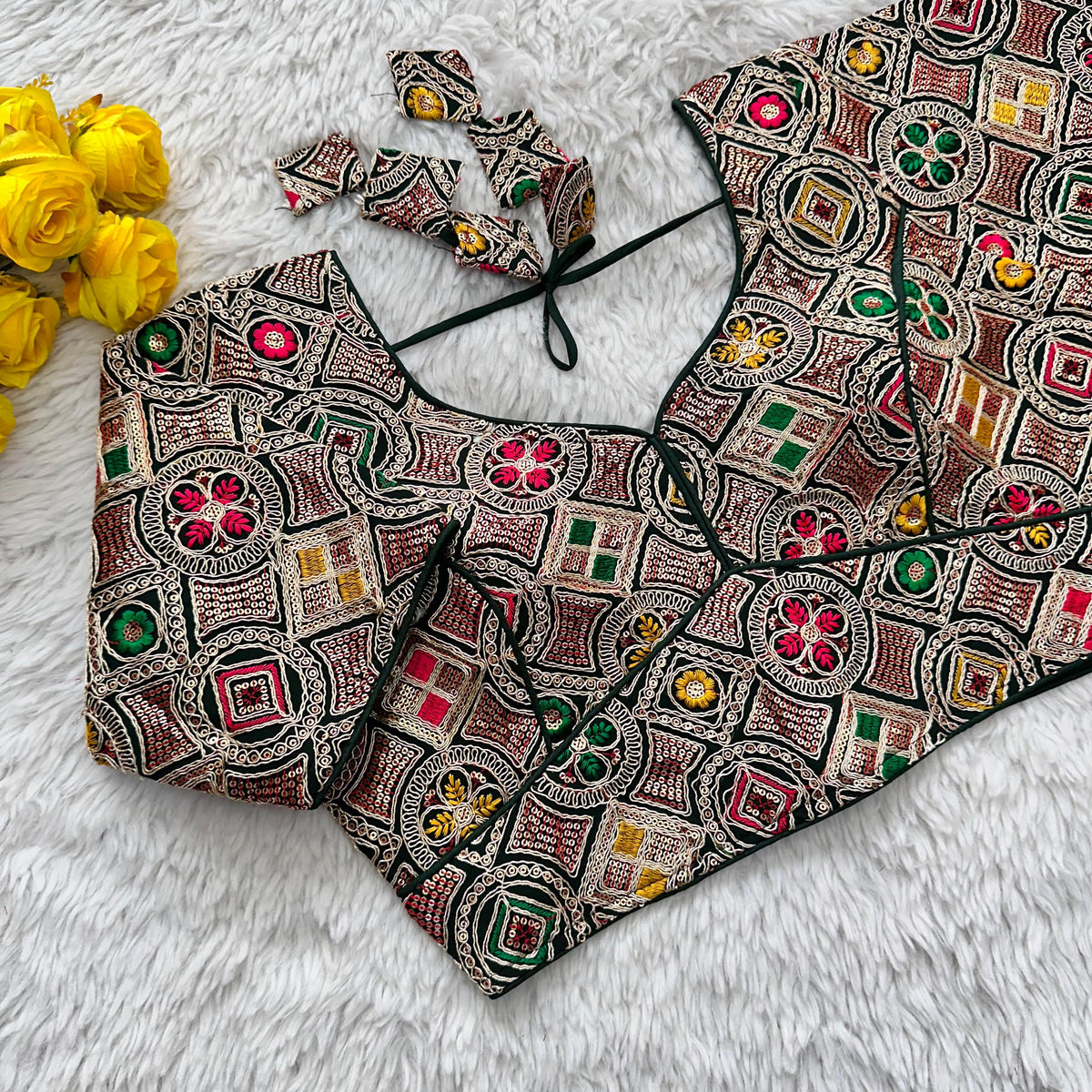 Green Heavy Cording Work Pure Georgette Blouse with Multicolor Embellishments ClothsVilla Main image