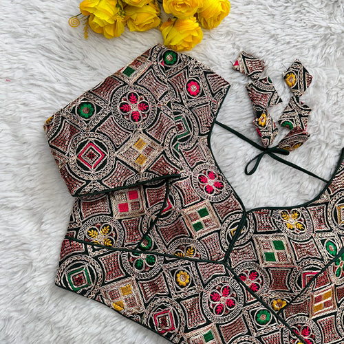 Green Heavy Cording Work Pure Georgette Blouse with Multicolor Embellishments ClothsVilla