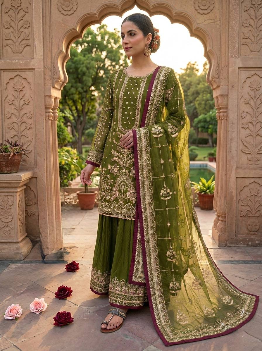 Green Heavy Embroidered Plazzo Set ClothsVilla