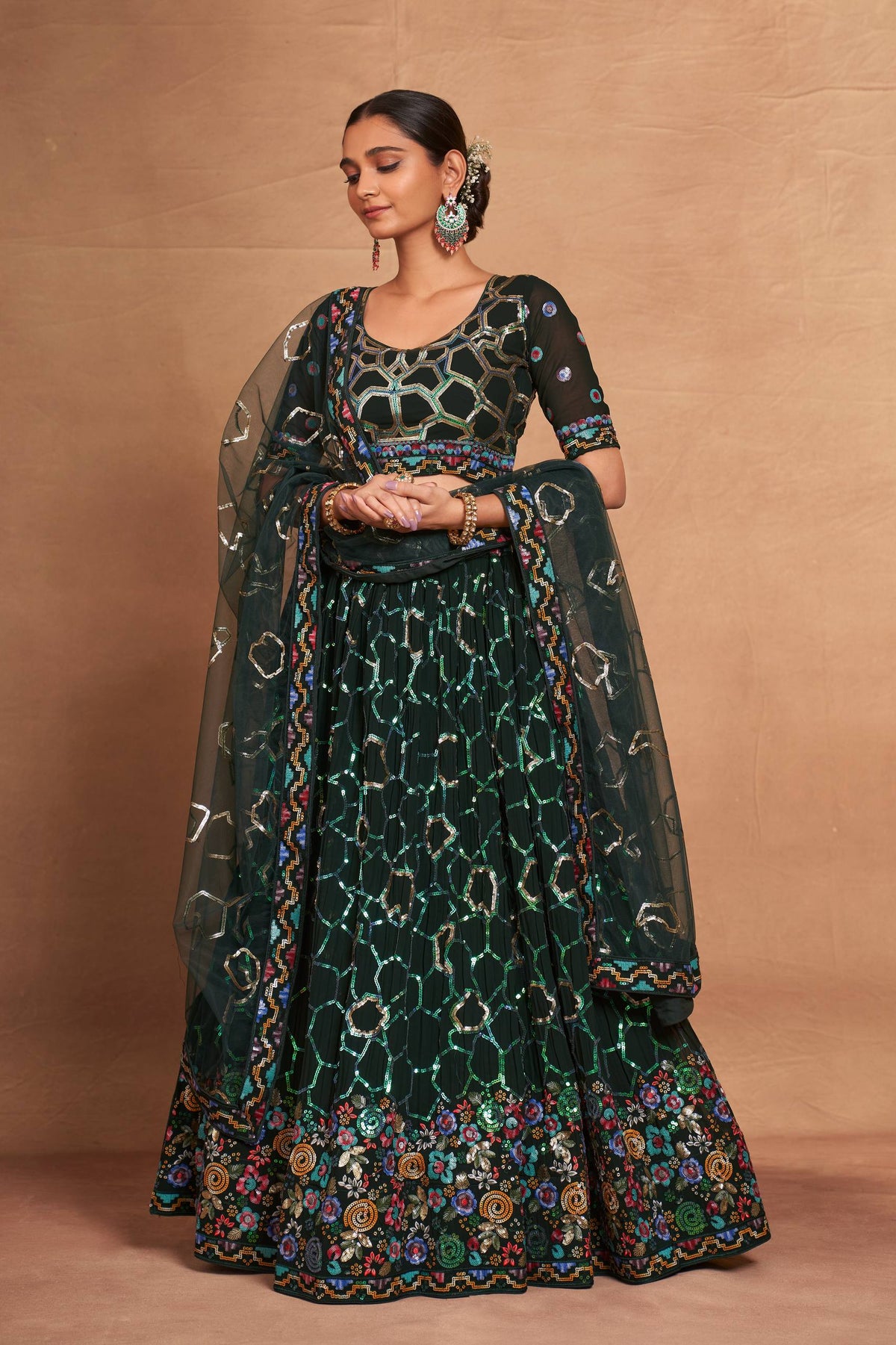 Green Heavy Georgette Embroidered Lehenga Choli Set with Sequins & Net Dupatta ClothsVilla Main image