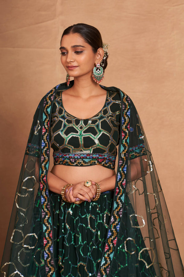 Green Heavy Georgette Embroidered Lehenga Choli Set with Sequins & Net Dupatta ClothsVilla