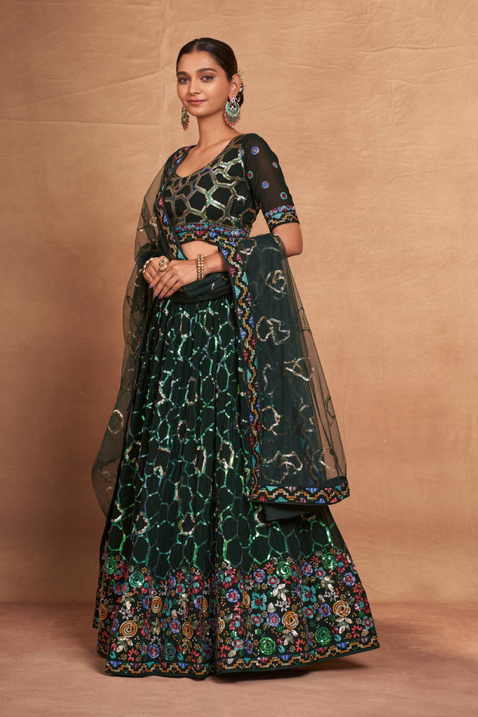 Green Heavy Georgette Embroidered Lehenga Choli Set with Sequins & Net Dupatta ClothsVilla