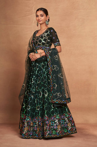 Green Heavy Georgette Embroidered Lehenga Choli Set with Sequins & Net Dupatta ClothsVilla