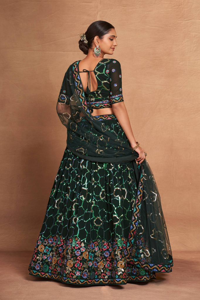 Green Heavy Georgette Embroidered Lehenga Choli Set with Sequins & Net Dupatta ClothsVilla
