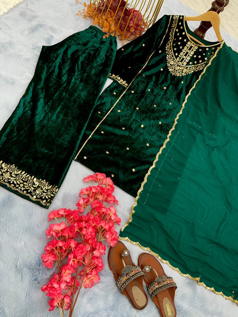 Green Heavy Pure Viscose Velvet Top with Plazzo & Dupatta Set - 5 mm Sequence Work and Fancy Sleeve ClothsVilla