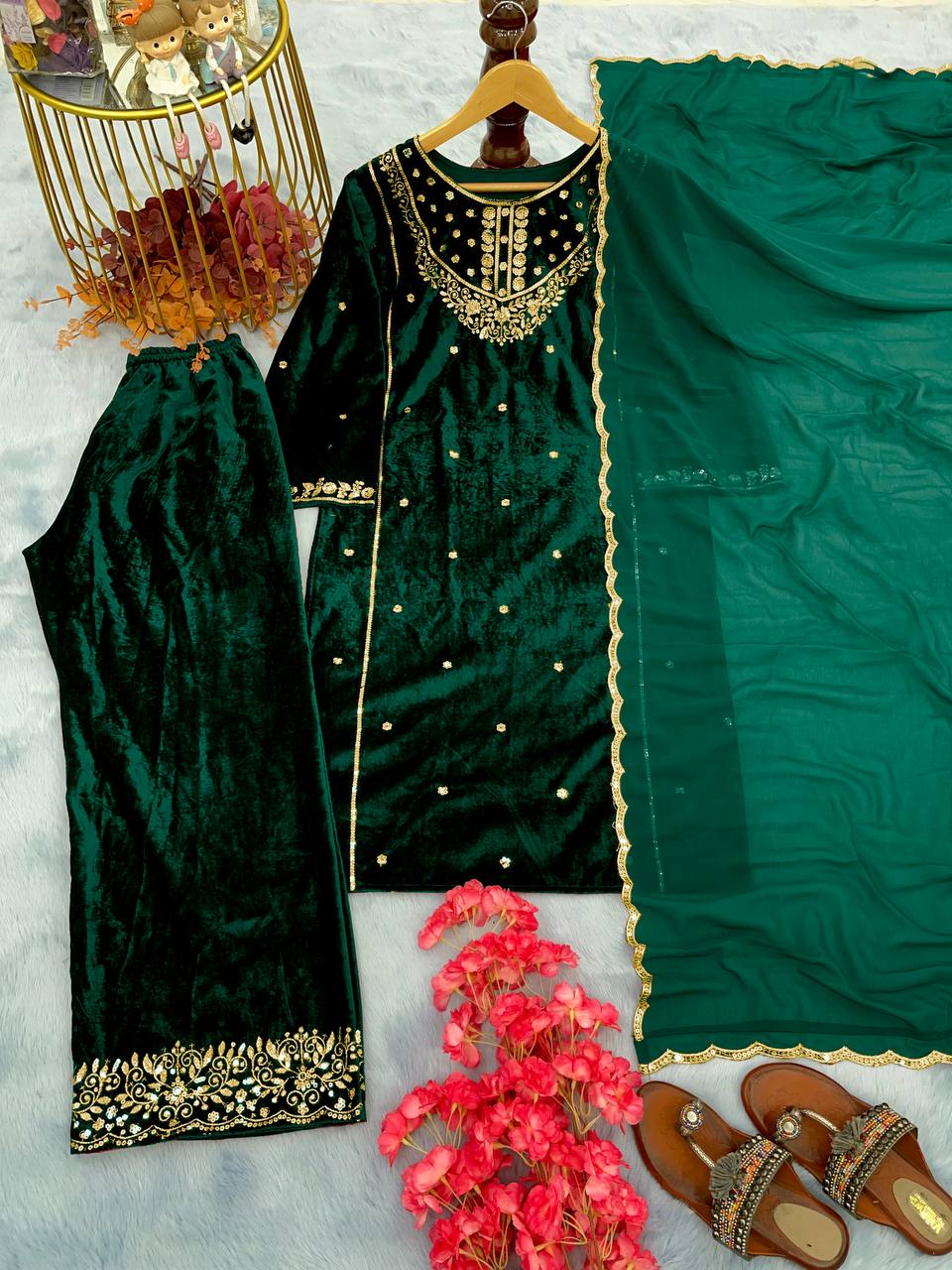 Green Heavy Pure Viscose Velvet Top with Plazzo & Dupatta Set - 5 mm Sequence Work and Fancy Sleeve ClothsVilla