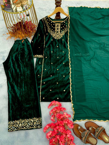 Green Heavy Pure Viscose Velvet Top with Plazzo & Dupatta Set - 5 mm Sequence Work and Fancy Sleeve ClothsVilla