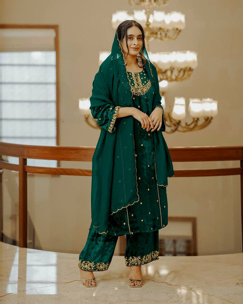 Green Heavy Pure Viscose Velvet Top with Plazzo & Dupatta Set - 5 mm Sequence Work and Fancy Sleeve ClothsVilla